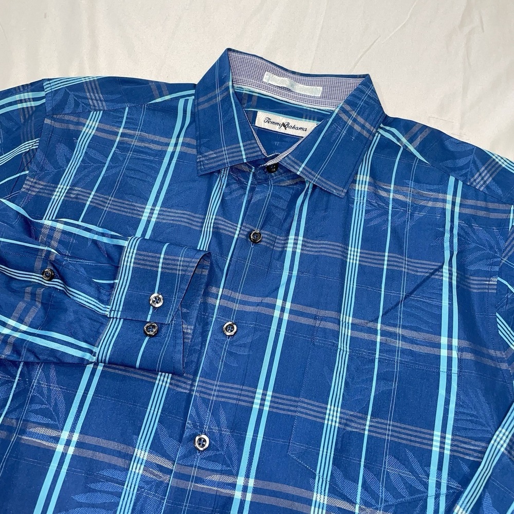 Tommy Bahama Floral/Plaid Print L/S Button Down Shirt Men's Large Blue